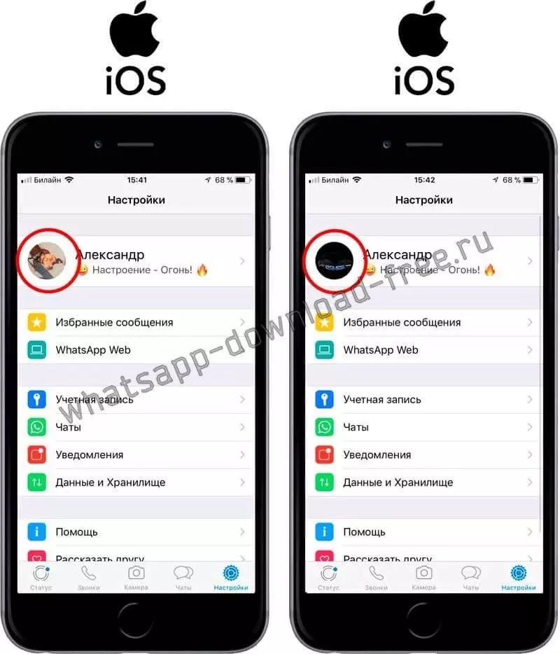 Аватар до и после в WhatsApp на Iphone