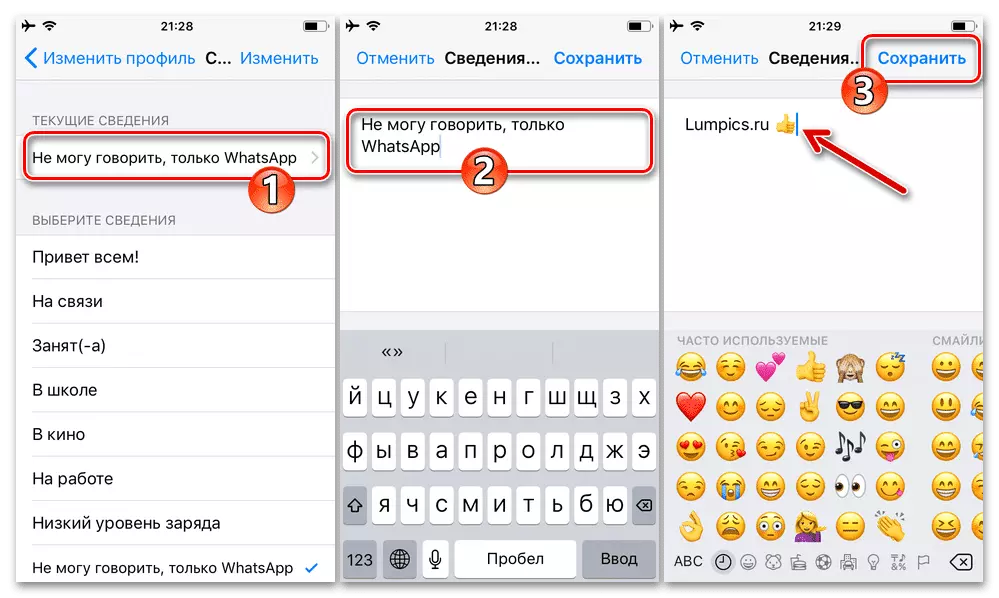 WhatsApp для iPhone - введите и сохраните свой текстовый статус в системе в настройках мессенджера