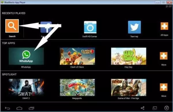 Откройте Bluestacks и нажмите на панель поиска приложения