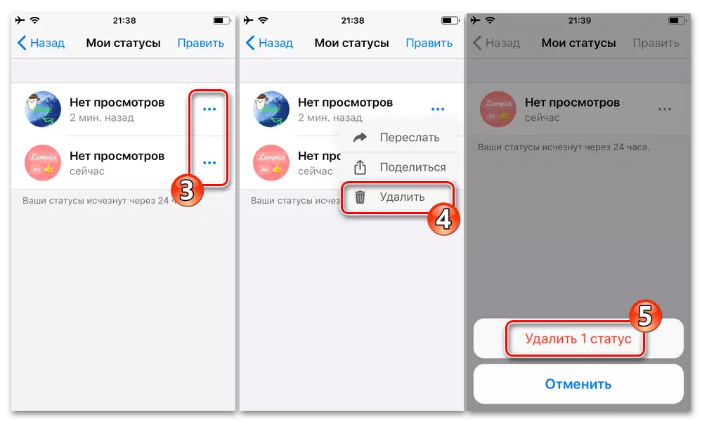 WhatsApp для iPhone - удаление графического статуса из мессенджера до истечения 24 часов его существования