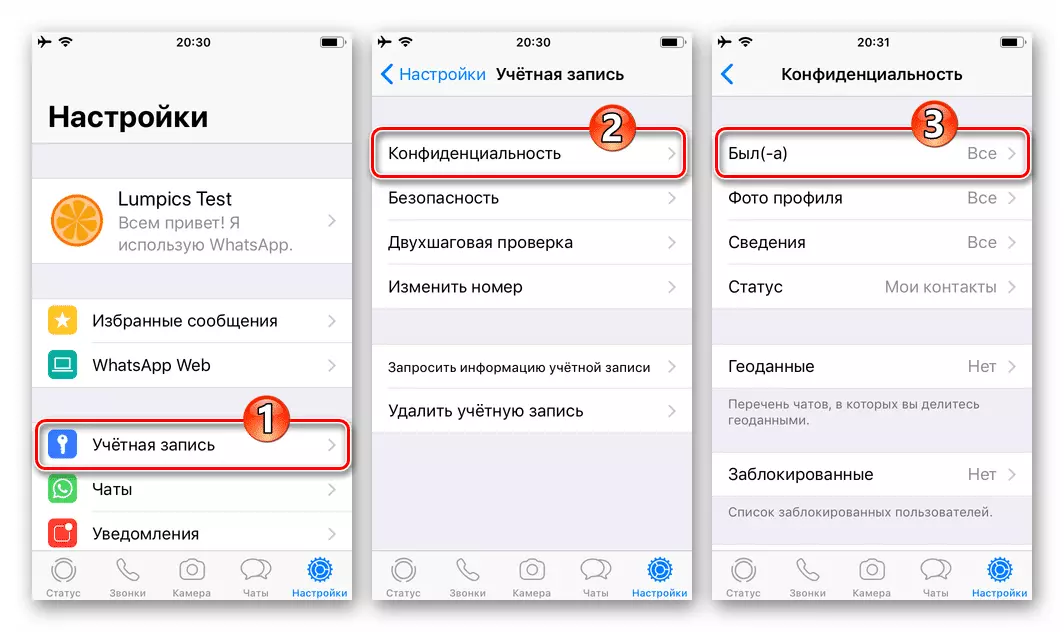 Настройка статуса WhatsApp для iOS находилась в разделе Конфиденциальность настроек мессенджера