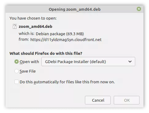 Открытие файла Zoom с помощью распаковщика Gdebi для Linux